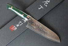 Charger l'image dans la galerie, CS208 - Couteau Japonais Santoku damas 33 couches Saji poignée verte - Lame de 18cm en acier Vg10